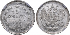 Russia 5 kopecks 1901 СПБ-ФЗ - Nicholas II (1894-1917) NGC MS 66
Mint luster. Rare condition. Bitkin# 176.