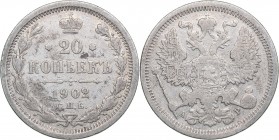 Russia 20 kopecks 1902 СПБ-АР - Nicholas II (1894-1917)
3.41 g. VF/VF- Bitkin# 102 R. Rare!