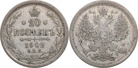 Russia 20 kopecks 1902 СПБ-АР - Nicholas II (1894-1917)
3.56 g. VF/VF- Bitkin# 102 R. Rare!