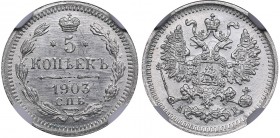Russia 5 kopecks 1903 СПБ-АР - Nicholas II (1894-1917) NGC MS 66
Mint luster. Rare condition. Bitkin# 180.