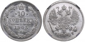 Russia 10 kopecks 1905 СПБ-АР - Nicholas II (1894-1917) NGC MS 67
Mint luster. Very rare condition. Bitkin# 157.