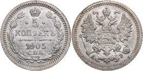 Russia 5 kopecks 1905 СПБ-АР - Nicholas II (1894-1917)
0.88 g. XF/UNC Mint luster. Bitkin# 182.