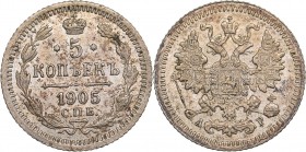 Russia 5 kopecks 1905 СПБ-АР - Nicholas II (1894-1917)
0.91 g. XF/UNC Bitkin# 182.