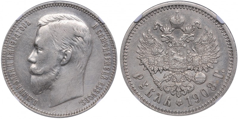 Russia Rouble 1908 ЭБ - Nicholas II (1894-1917) NGC XF DETAILS
Bitkin# 62 R. Ra...