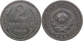 Russia - USSR 2 kopecks 1924
6.39 g. F/VF Fedorin# 2. Plain edge. Rare!