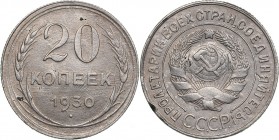 Russia - USSR 20 kopecks 1930
3.36 g. XF/XF Fedorin# 19. Obverce die of 3 kopecks. Very rare!