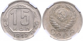 Russia - USSR 15 kopecks 1942 NGC AU 58
Mint luster. Rare condition! Rare!