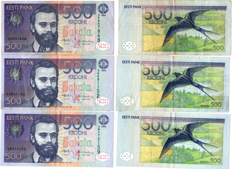 Estonia 500 krooni 1996 (3)
Various series and condition. 3 pc = 1500 EEK. Sold...