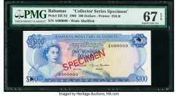 Bahamas Monetary Authority 100 Dollars 1968 Pick 33CS2 Collector Series Specimen PMG Superb Gem Unc 67 EPQ. Red Specimen overprints; one POC.

HID0980...