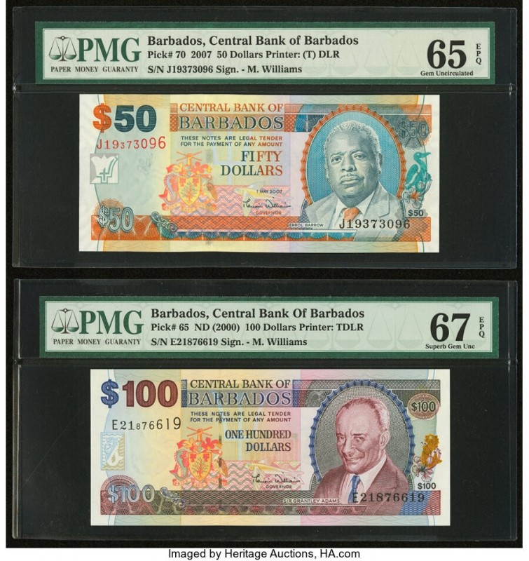 Barbados Central Bank 100; 50 Dollars ND (2000); 2007 Pick 65; 70 Two Examples P...