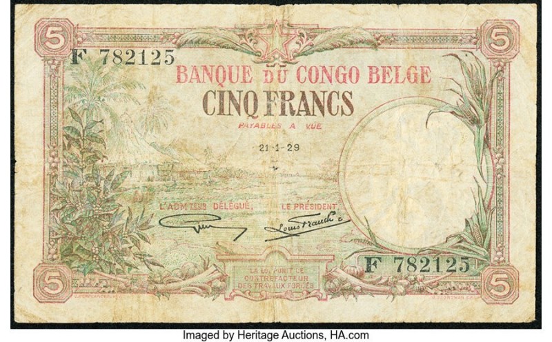 Belgian Congo Banque du Congo Belge 5 Francs 21.1.1929 Pick 8e Fine. Small holes...