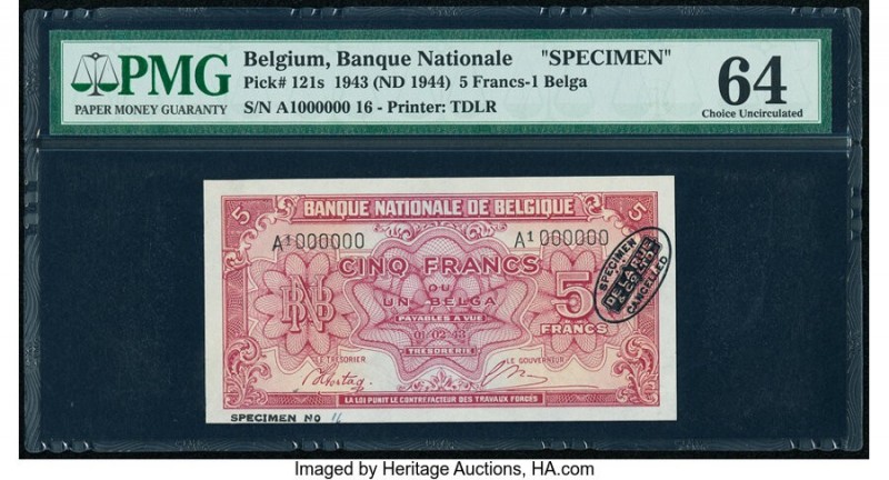 Belgium Nationale Bank Van Belgie 5 Francs-1 Belga 1943 (ND 1944) Pick 121s Spec...