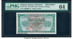 Belgium Nationale Bank Van Belgie 10 Francs-2 Belgas 1943 (ND 1944) Pick 122s Specimen PMG Choice Uncirculated 64. Red Specimen overprint.

HID0980124...