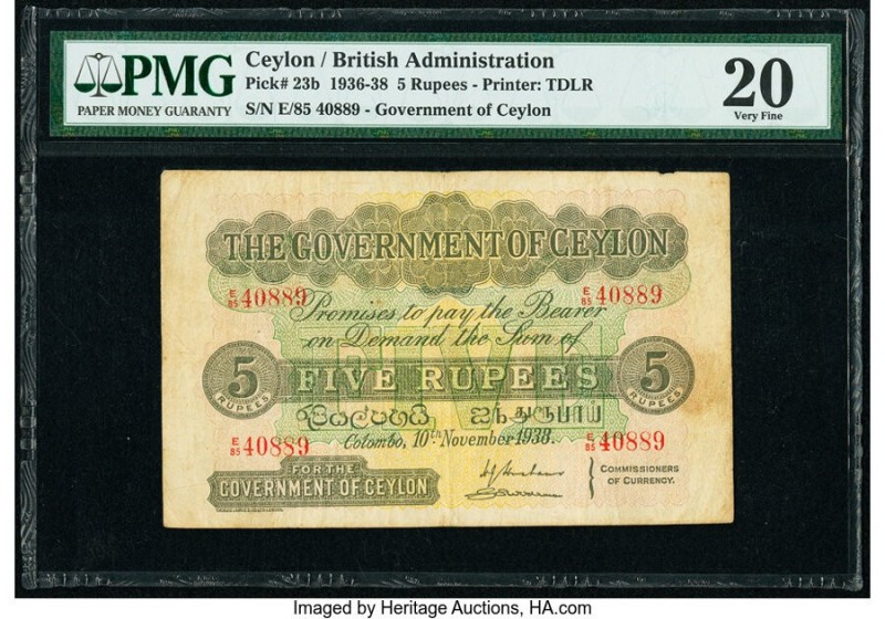 Ceylon Government of Ceylon 5 Rupees 10.11.1938 Pick 23b PMG Very Fine 20. 

HID...