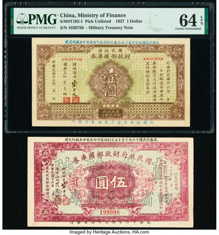 China Ministry of Finance, Military Treasury Note 1; 5 Dollar 1927 Pick Unl S/M#...