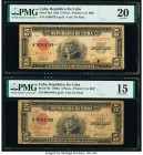 Cuba Republica de Cuba 5 Pesos 22.6.1936A; 23.6.1938 Pick 70c; 70d Two Examples PMG Choice Fine 15; Very Fine 20. Pick 70d; minor rust damage & annota...