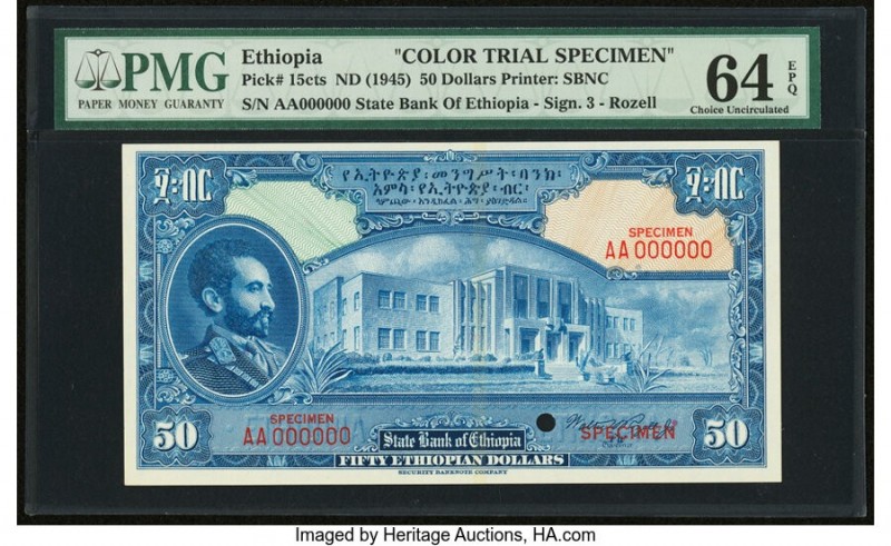 Ethiopia State Bank of Ethiopia 50 Dollars ND (1945) Pick 15cts Color Trial Spec...