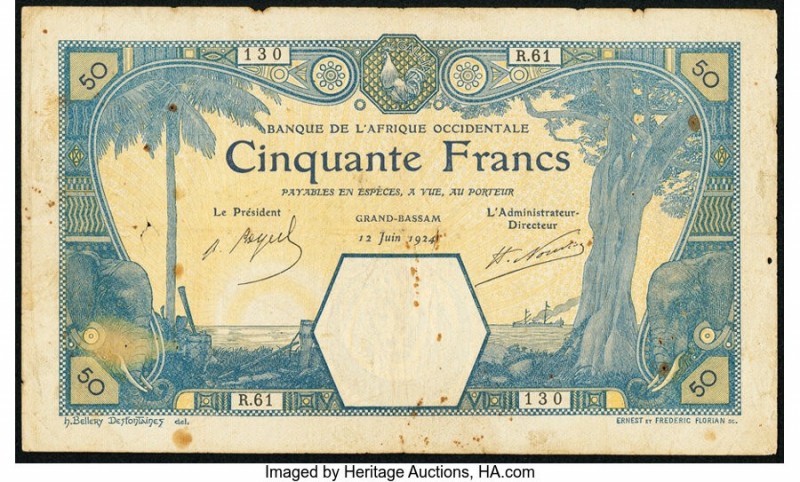 French West Africa Banque de l'Afrique Occidentale 50 Francs 1924 Pick 9Db Fine....