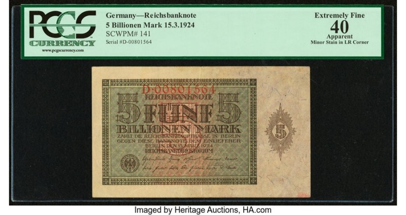 Germany Imperial Bank Note 5 Billionen Mark 15.3.1924 Pick 141 PCGS Currency App...