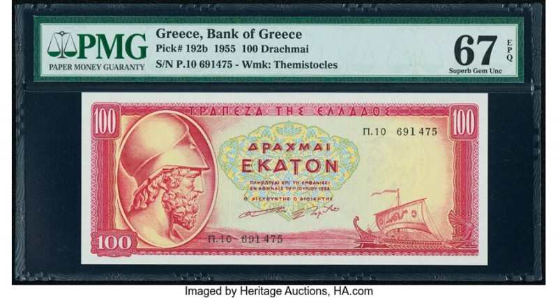 Greece Bank of Greece 100 Drachmai 1955 Pick 192b PMG Superb Gem Unc 67 EPQ. 

H...