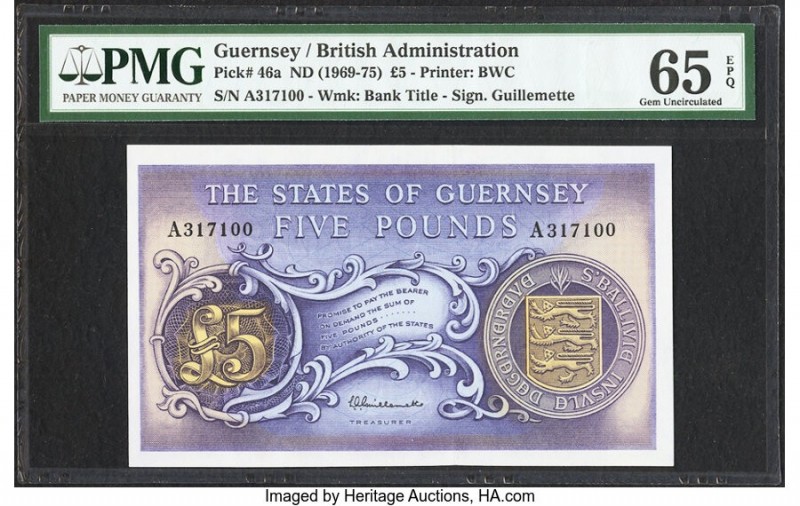 Guernsey States of Guernsey 5 Pounds ND (1969-75) Pick 46a PMG Gem Uncirculated ...