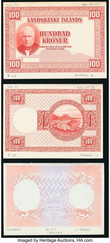 Iceland Landsbanki Islands 100 Kronur 1928 Pick 30pp Five Progressive Proofs Abo...