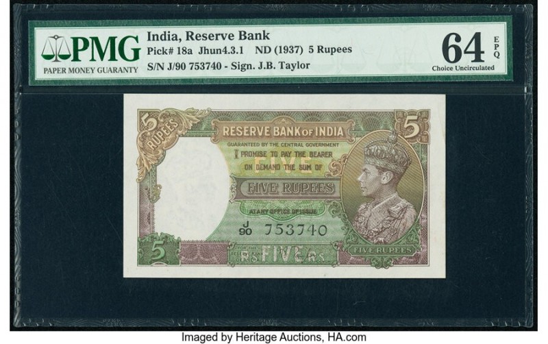 India Reserve Bank of India 5 Rupees ND (1937) Pick 18a Jhun4.3.1 PMG Choice Unc...