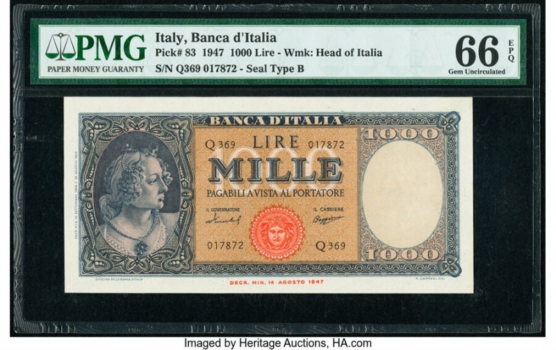 Italy Banco d'Italia 1000 Lire 14.8.1947 Pick 83 PMG Gem Uncirculated 66 EPQ. 

...