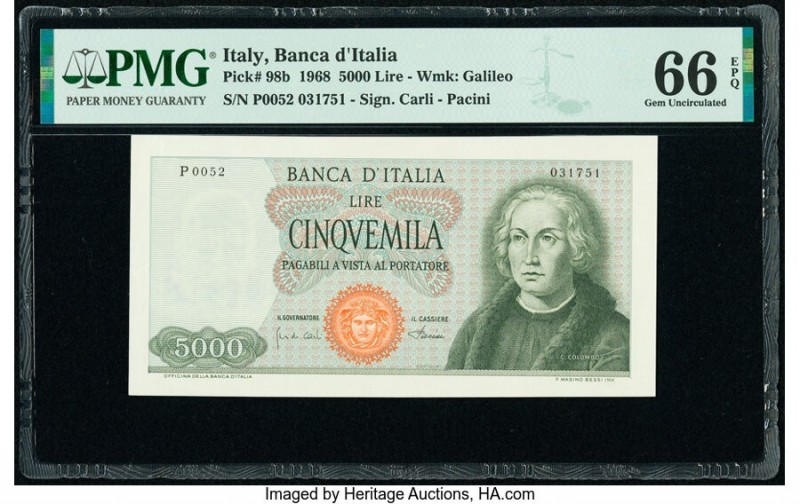 Italy Banco d'Italia 5000 Lire 1968 Pick 98b PMG Gem Uncirculated 66 EPQ. 

HID0...