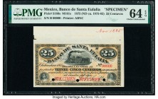 Mexico Banco de Santa Eulalia 25 Centavos 1875 (ND ca. 1875-82) Pick S189s M161s Specimen PMG Choice Uncirculated 64 EPQ. Printer's annotation.

HID09...