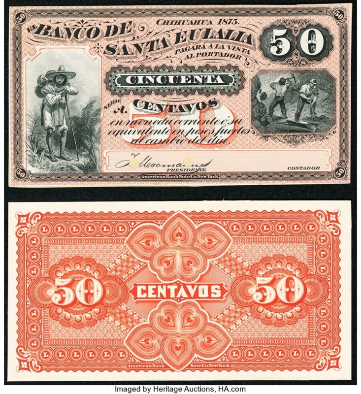 Mexico Banco de Santa Eulalia 50 Centavos 1875-84 Pick S190p Front and Back Proo...