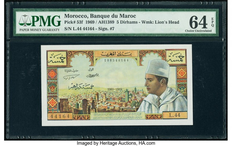 Morocco Banque du Maroc 5 Dirhams 1969 / AH1389 Pick 53f PMG Choice Uncirculated...