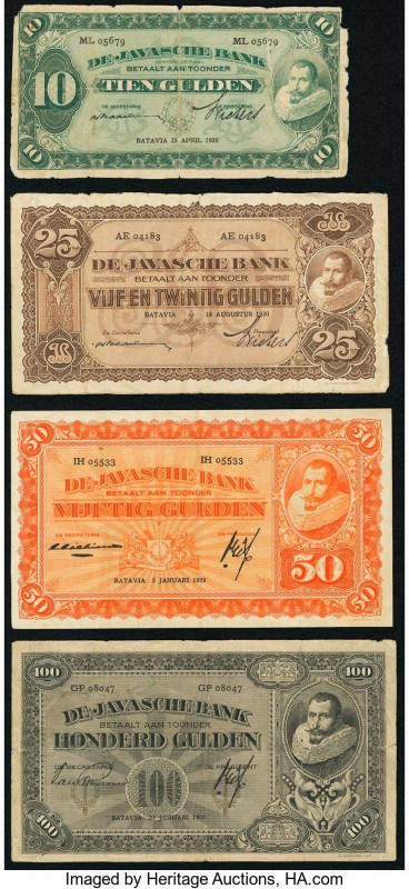 Netherlands Indies Javasche Bank 10; 25; 50; 100 Gulden 1928-30 Pick 70, 71, 72,...
