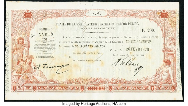 New Caledonia Tresor Public 200 Francs 1876 Pick Unlisted About Uncirculated. So...
