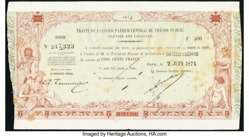 New Caledonia Tresor Public 500 Francs 1874 Pick Unlisted Extremely Fine. Some f...