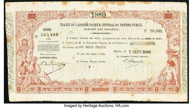 New Caledonia Tresor Public 10,000 Francs 1880 Pick Unlisted Extremely Fine. Som...