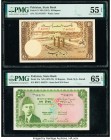 Pakistan State Bank of Pakistan 10 Rupees ND (1951-75) Pick 13; 21a PMG About Uncirculated 55 EPQ; Gem Uncirculated 65 EPQ. Staple holes at issue. 

H...