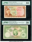 Pakistan State Bank of Pakistan 10; 100 Rupees ND (1957-70) Pick 16a; 18a PMG Choice About Unc 58; Choice Uncirculated 64. Staple holes at issue. 

HI...