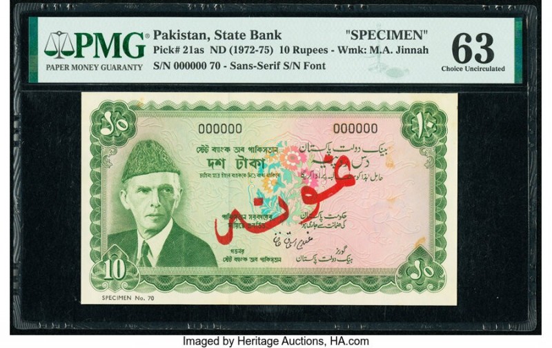 Pakistan State Bank of Pakistan 10 Rupees ND (1972-75) Pick 21as Specimen PMG Ch...