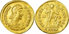 HONORIUS (395-402 AD) AV Solidus Milan 395-402 AD 4.29 g. Obv/ DN HONORIVS PF AVG Laureate bust right, Rev/ VICTORIA AVGGG / COMOB // MD Honorius stan...