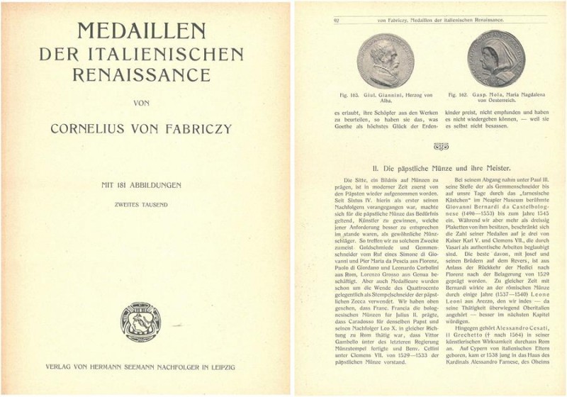 FABRICZY Cornelius. Medaillen der Italienische Renaissance. Leipzig, 1905 Editor...