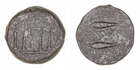 Monedas de la Hispania Antigua
Abdera, Adra (Almería)
As. AE. (entre 150 y 50 a.C.. A/Templo tetrástilo. R/Atunes a izq. entre ambos ley. púnica. 11...