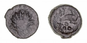 Monedas de la Hispania Antigua
Arse, Sagunto
Cuadrante. AE. (siglo I a.C.). A/Concha. R/Delfín, debajo letra ibérica A y tres puntos. 3.87g. AB.2055...