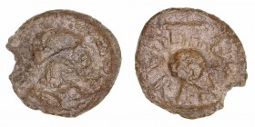 Monedas de la Hispania Antigua
Carbula, Almodóvar del Río (Córdoba)
Plomo monetiforme. PB. A/Cabeza femenil a der., detrás letra ibérica Ta. R/Lira,...
