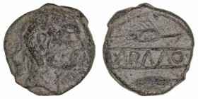 Monedas de la Hispania Antigua
Carmo, Carmona (Sevilla)
Semis. AE. (hacia 80 a.C.). A/Cabeza masculina a der., detrás delfín. R/Dos espigas a izq., ...