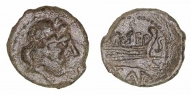 Monedas de la Hispania Antigua
Carteia, San Roque (Cádiz)
Semis. AE. (siglo I a.C.). A/Cabeza de Júpiter a der., delante S. R/Proa de nave a der., e...