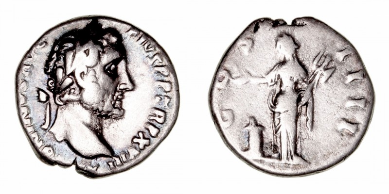 Imperio Romano
Antonino Pío
Denario. AR. (138-161). R/COS. IIII. Salud estante...