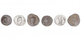 Imperio Romano
Heliogábalo
AR/AE. Lote de 3 monedas. Denario R/INVICTVS SACERDOS AVG., AE-18 Antioquía y AE-22 Siria (GIC.3098). MBC a MBC-.