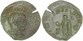 Imperio Romano
Filipo II
Sestercio. AE. (244-249). R/PRINCIPI IVVEN. S.C. 16.10g. RIC.256. Cospel algo irregular. Escasa. Pátina verde clara. (MBC/M...