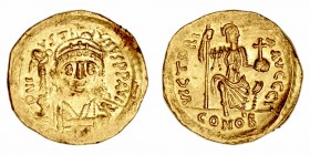 Monedas Bizantinas
Justino II
Sólido. AV. Constantinopla. (565-578). R/VICTORIA AVGGG P, en exergo CONOB. Constantinopla sentada de frente sostenien...
